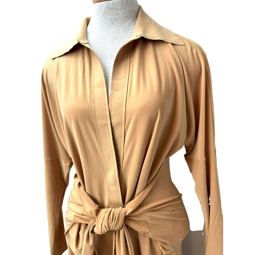 NWT Norma Kamali Romper Gold Poly‎ Spandex Sash Belt Collared V-Neck SZ XS - Picture 8 of 16